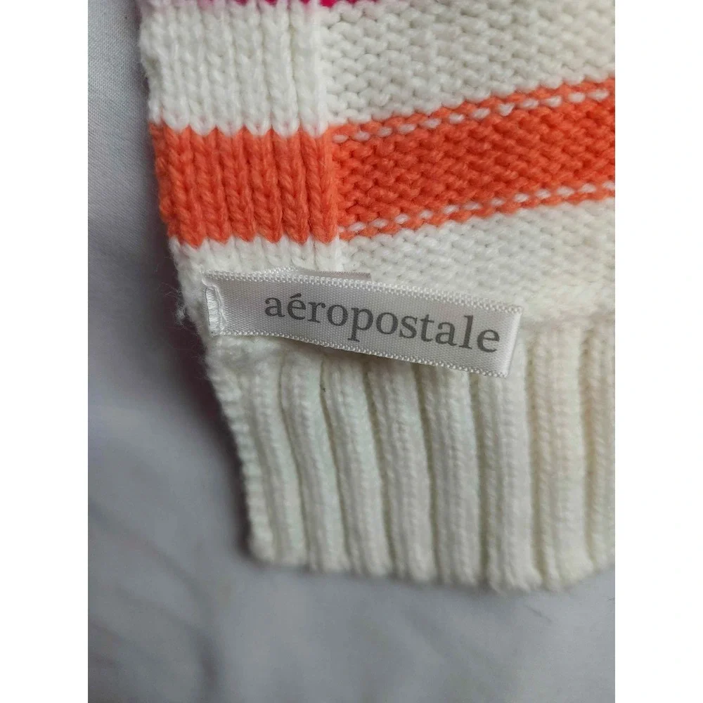Aeropostale Rainbow Stripe Knit Scarf Multi Color White Ribbed Trim‎ Acrylic